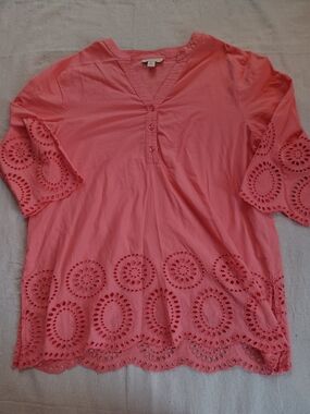 Appleseed's Coral Pink Eyelet V-Neck Tunic Women's Size Large